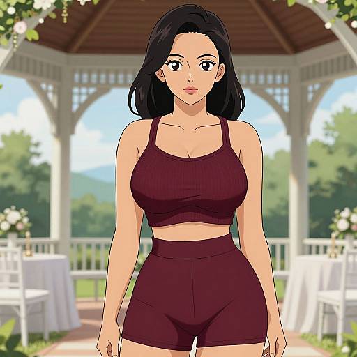 Anime-style digital drawing of a curvy woman with black hair, wearing a maroon sports bra and shorts, standing in a sunlit, white gaze