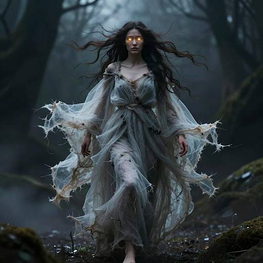 Digital artwork of a ghostly woman with glowing yellow eyes, long black hair, and tattered white dress, walking through a dark, misty forest
