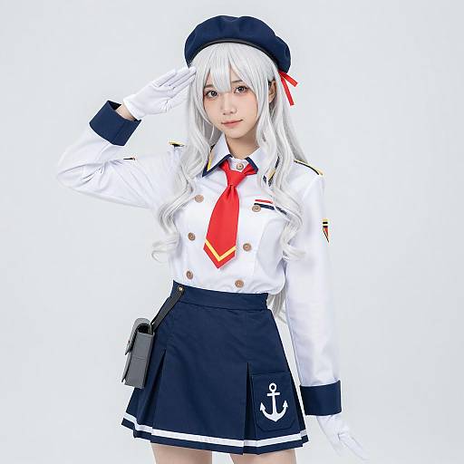 Young Asian Woman in Navy Cosplay Uniform Saluting