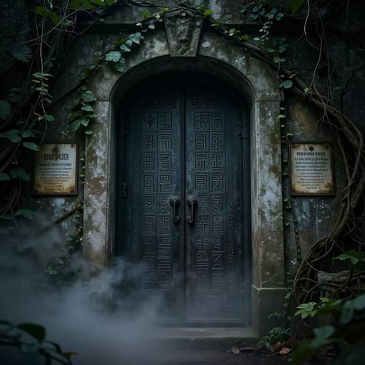 Mysterious dark, ornate double door with geometric patterns, surrounded by overgrown vines and mist, framed by two weathered signs. Photograph.
