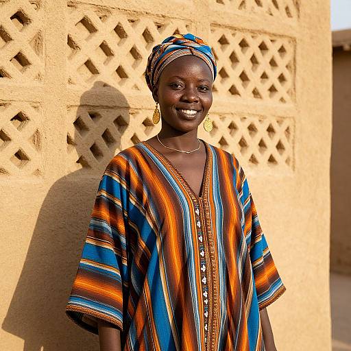 Photograph of a smiling African woman with dark skin wearing a colorful, striped, orange, blue, and brown traditional dress and headwrap, standing against