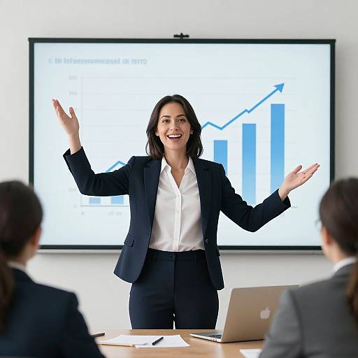 Photograph of a smiling, dark-haired woman in a black blazer and white shirt, presenting with raised hands in front of a projector displaying a bar