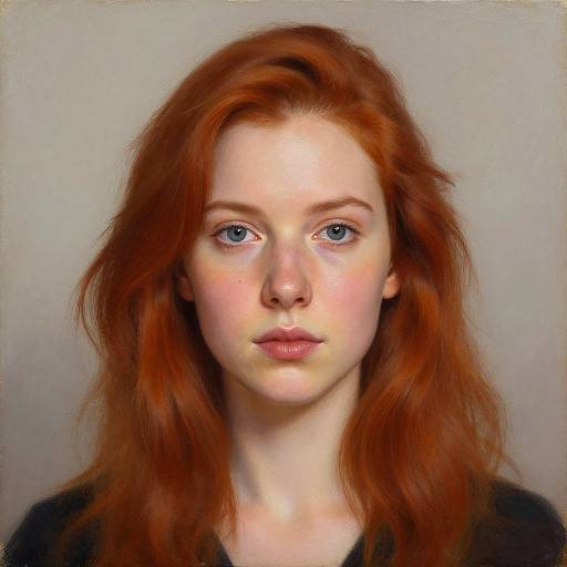 Digital portrait of a fair-skinned, red-haired woman with blue eyes, subtle pink blush, and natural makeup, against a plain grey background.