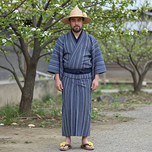 Photograph of a bearded man in a blue striped yukata, straw hat, and sandals, standing on a gravel path with trees in the