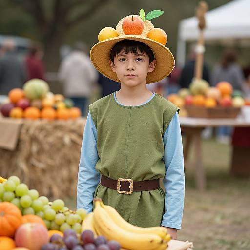 Photograph of a young boy wearing a straw hat with oranges, green tunic with blue sleeves, and brown belt, standing in a colorful outdoor fruit