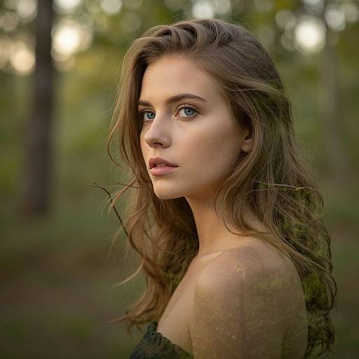 Photograph of a young woman with long brown hair, blue eyes, and fair skin, standing in a blurred forest background. She wears an off-