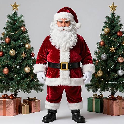 Photograph of Santa Claus in red velvet suit with white fur trim, black belt, standing between two decorated Christmas trees with gifts.