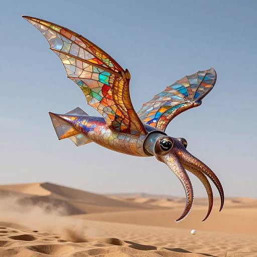 Photograph of a colorful, mosaic-winged, cephalopod-like creature with long tentacles flying over a sandy desert under a clear blue sky