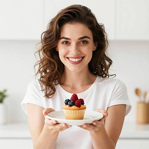 Photograph of a smiling woman with wavy brown hair, wearing a white t-shirt, holding a white plate with a berry-topped cupcake.