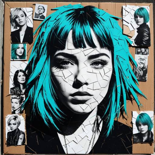 Turquoise Hair Collage Portrait on Cardboard