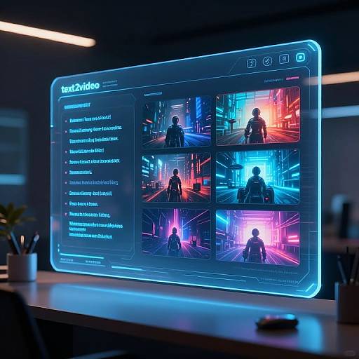 Photograph of a glowing, futuristic interface displaying neon-lit video thumbnails, with a list of text on a dark office desk.