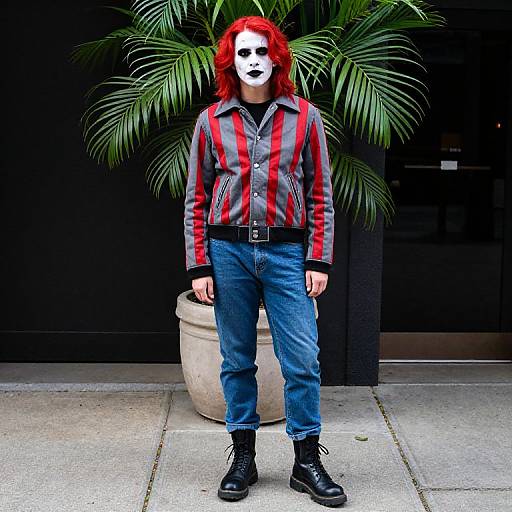 Photograph of a man with white-painted face, red hair, red-and-gray striped jacket, blue jeans, black boots, standing in front of
