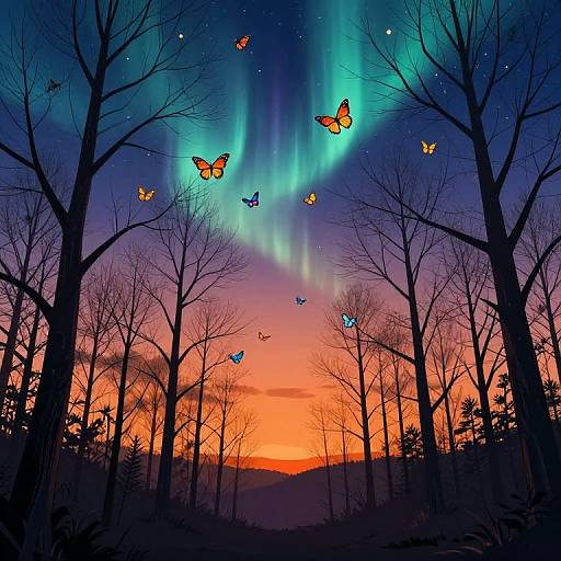 Photograph of a vibrant sunset with colorful auroras, silhouetted bare trees, and glowing orange and blue butterflies in a forest.