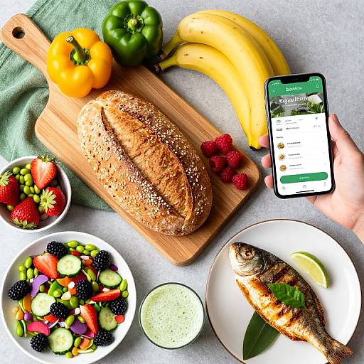 Vibrant Healthy Food Flatlay with Smartphone