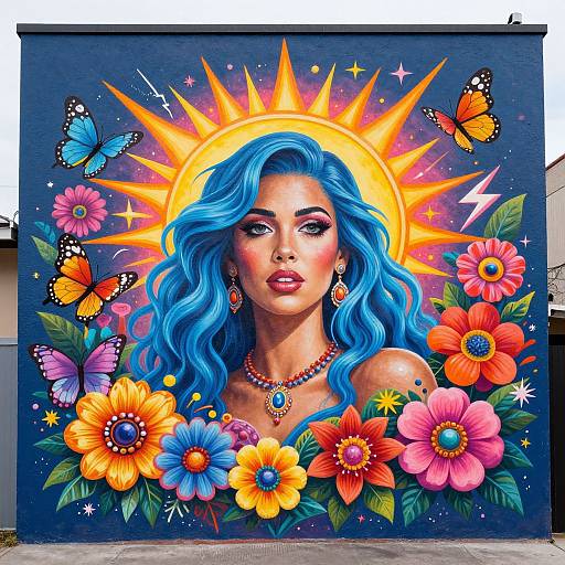 Vibrant digital mural of a blue-haired woman with sun halo, surrounded by colorful flowers, butterflies, and stars, wearing red earrings and necklace.