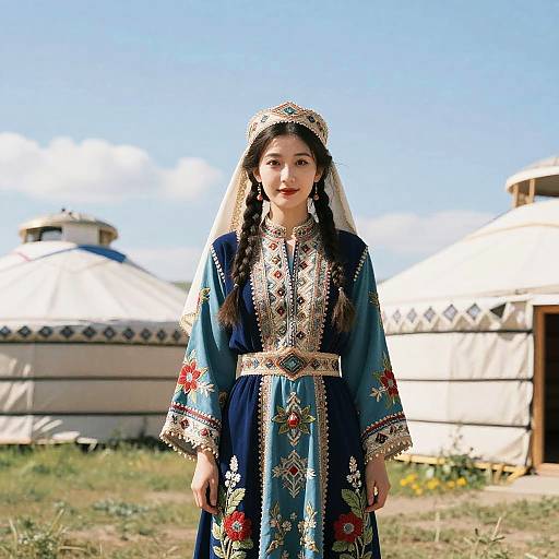 Central Asian Woman in Traditional Embroidered Dress