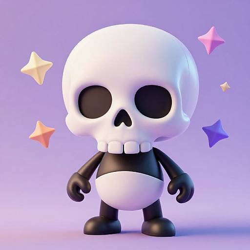 Cute 3D cartoon skull with black and white body, large black eyes, and star-shaped sparkles, standing against a gradient purple background.