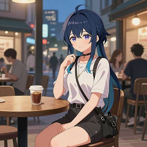Anime-style digital drawing of a blue-haired girl with purple eyes, wearing a white shirt, black shorts, and suspenders, sitting at a nighttime café