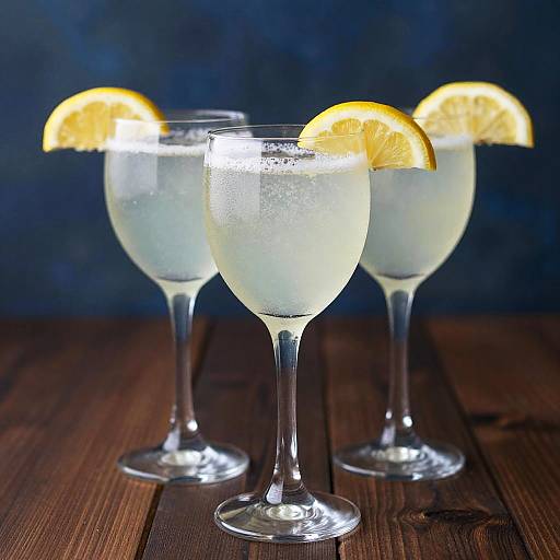 Photograph of three clear cocktails with frosted glasses, garnished with orange slices, on a dark wooden table against a blue background.