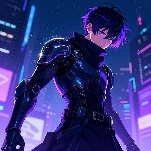 Cyberpunk anime style: Black-haired, purple-eyed male warrior in glowing black armor stands in rain-laden neon cityscape, illuminated by vivid blue
