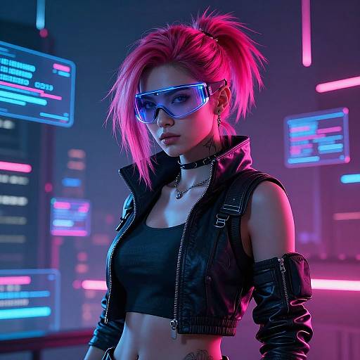 Cyberpunk photograph of a pink-haired woman with neon blue goggles, black leather crop top, and jacket, standing in a neon-lit cityscape