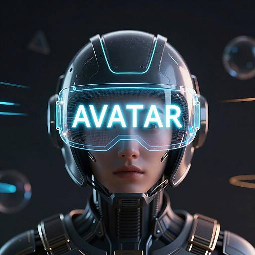 Digital CGI of a person in a futuristic black helmet with glowing blue 