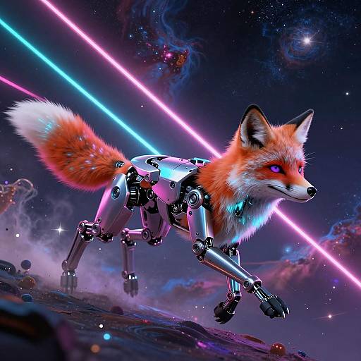 Robotic Fox in Cosmic Neon Landscape