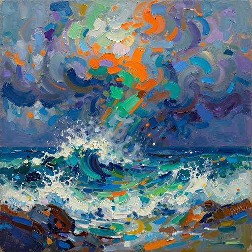 Abstract oil painting of turbulent ocean waves with vibrant swirls of blue, green, orange, and white under a stormy sky.