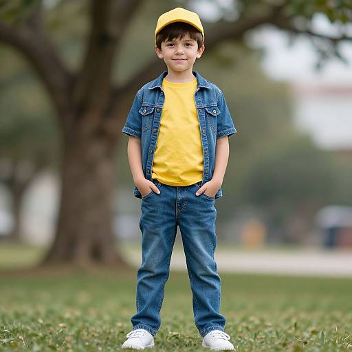 Photograph of a young boy with fair skin, black hair, wearing a yellow shirt, blue denim jacket, jeans, yellow cap, and white sneakers