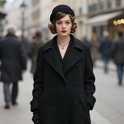 Photograph of a pale-skinned, brunette woman with curled hair, wearing a black coat, beret, and necklace, standing in a blurred urban
