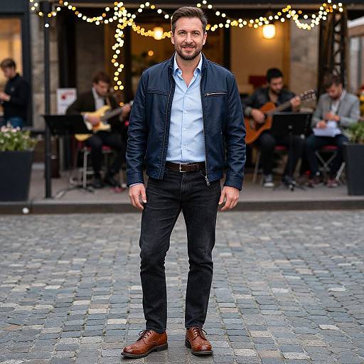 Photograph of a bearded man with brown hair, wearing a blue jacket, white shirt, black pants, and brown shoes, standing on a cob