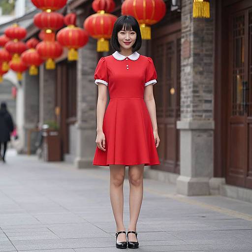 Photograph of an Asian woman with straight black hair in a red dress with white collar, standing on a stone-paved street with red lanterns,