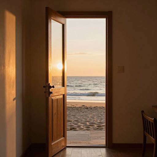 Sunset Beach View Through Wooden Door
