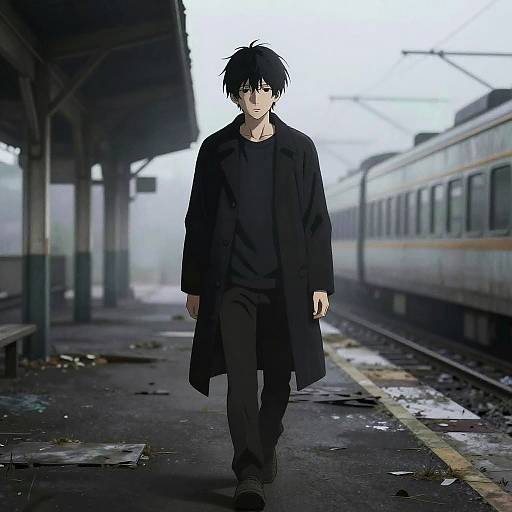 Emotionless Anime Boy in Foggy Station