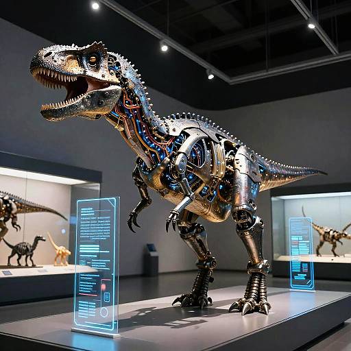 Photograph of a metallic, robotic T-Rex dinosaur exhibit in a museum, illuminated by blue lights, with informational panels and other fossil displays in the