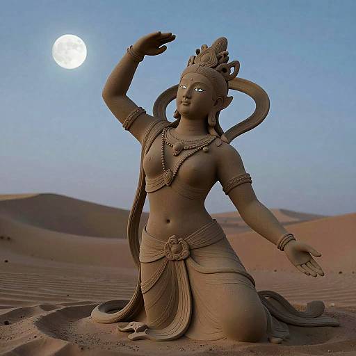 Photograph of a detailed, kneeling, dark brown statue of a Hindu goddess with intricate jewelry, raised arm, and glowing eyes, set in a desert