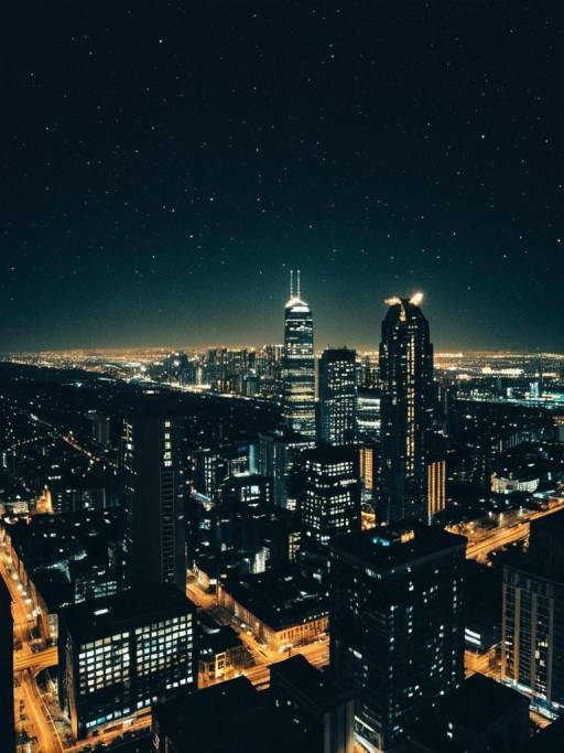 Cityscape at Night with Starry Sky