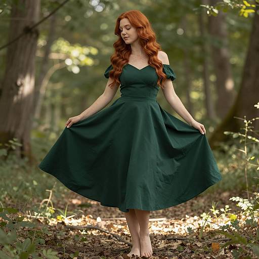 Redhead Woman in Green Dress in Forest