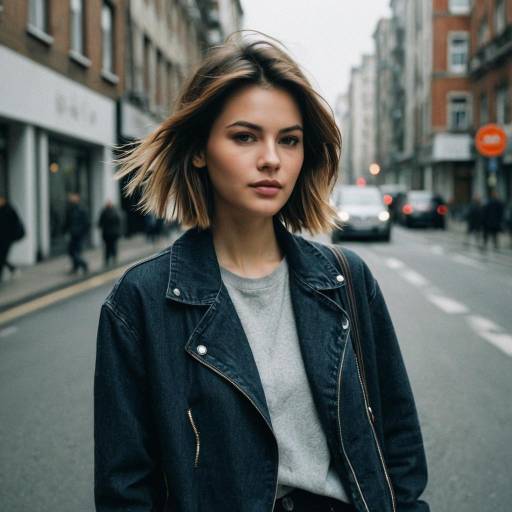 Young Woman with Layered Cut Hairstyle in Urban Street
