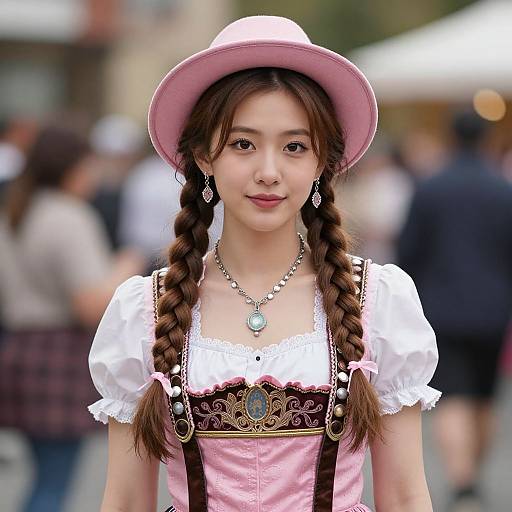 Photograph of an Asian woman with braided brown hair, wearing a pink hat, white puffed sleeves, pink and brown dirndl dress, silver