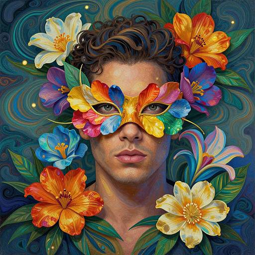 Digital artwork of a curly-haired man with colorful flower mask, surrounded by vivid orange, blue, yellow, and pink flowers. Swirling blue-green background