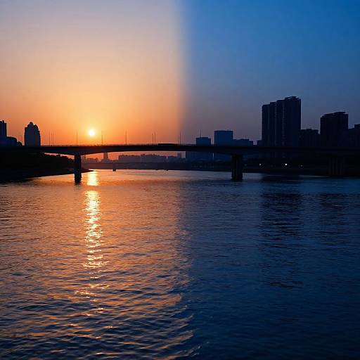 Photograph of a sunset over a cityscape with a bridge silhouetted against a gradient sky from orange to blue, reflecting on a calm river