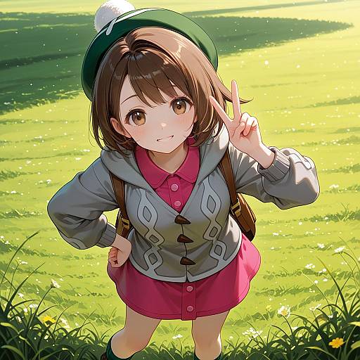 Anime Girl in Field with Peace Sign