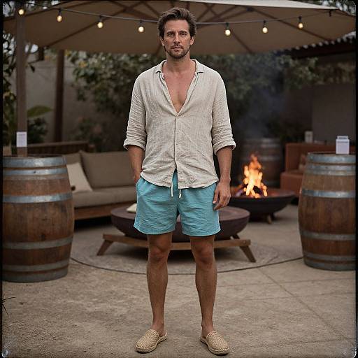 Photograph of a handsome, fit man with short brown hair, light beard, white button-up shirt, blue shorts, and beige slip-on shoes,