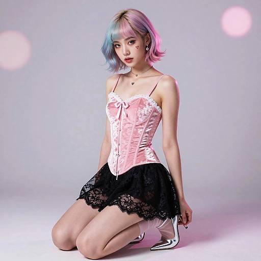Young person in pastel hair and romantic outfit