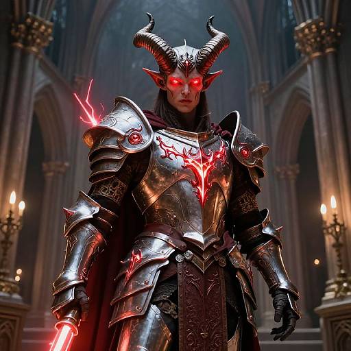 Digital artwork of a demonic warrior with glowing red eyes, black horns, and red-embered silver armor, standing in a gothic cathedral.