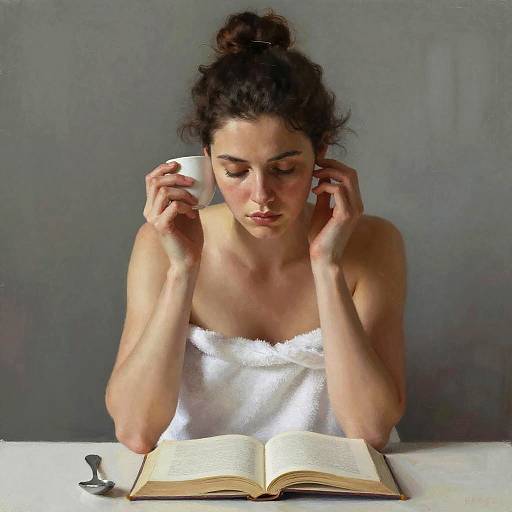 Photograph of a brunette woman with a bun, wearing a white towel, reading a book while drinking from a white cup. Gray background, white table