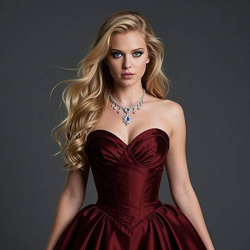 Photograph of a blonde woman with wavy hair, wearing a strapless, burgundy, corset-style dress and a silver necklace, against a