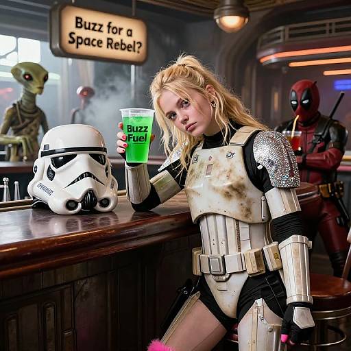 Photorealistic digital art: Blonde woman in dirty white Stormtrooper armor, holding green 