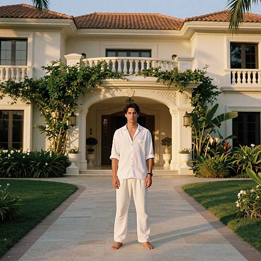 Photograph of a man in white shirt and pants standing on a stone path in front of a luxurious, cream-colored Mediterranean-style mansion with arched entry